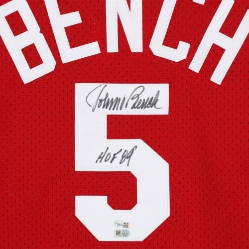 Johnny Bench Cincinnati Reds Autografirani Mitchell & Ness 1983. Crvena replika Batting vježbanja dres s natpisom Hof 89 - Autografirani