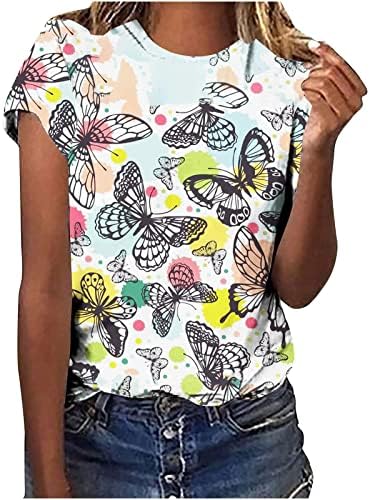 Žene Ljetne majice kratki rukavi posada u vrat trendov leptir tiskana boja colorblock casual majice vrhovi