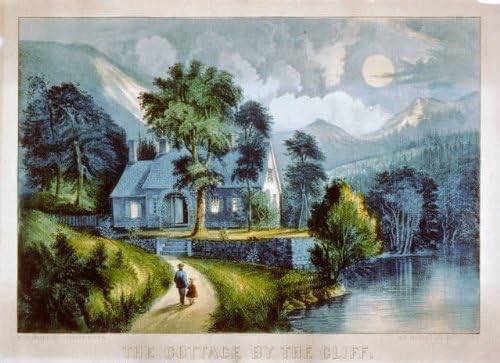 PovijesnaFindings Foto: Cottage by the Cliff, 1856-1907, Fotografija Currier & Ives, Moonlight, Mountains