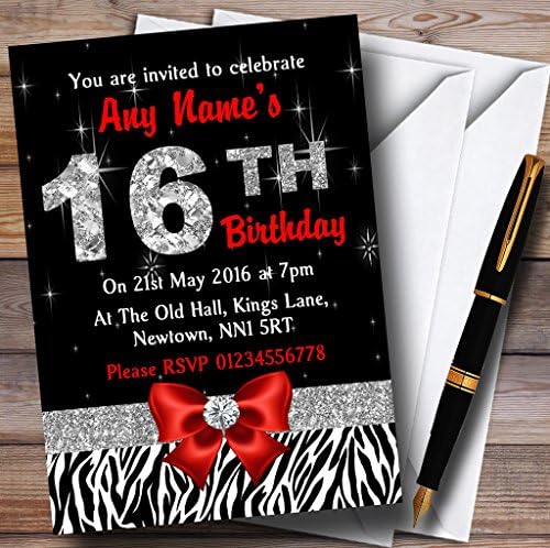 Crveni dijamant i zebre tiskani 16. rođendan Personalizirani pozivnice