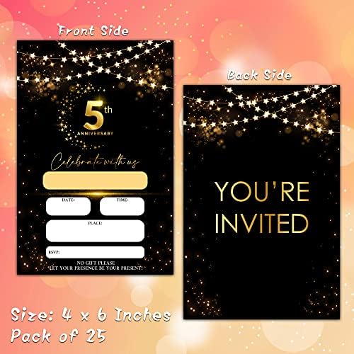 Kartice za pozivnice za 5. obljetnicu, Black Gold Glitter Pozivnice za vjenčanje s omotnicama, slavite s američkim karatama za popunjavanje,