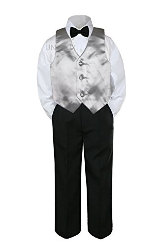 4PC dijete za dijete Kiddler Boys Silver prsluk crne hlače Bow Tie odijela set