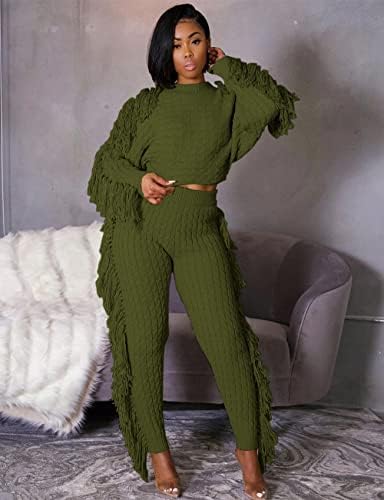 Džemper setovi za žene pletene rese 2 komada odjeće čvrste džempere i hlače za hlače dugih rukava