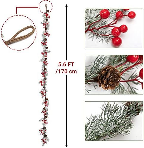 Romoden Umjetni božićni vijenac, borovi konus od 5,6 ft s crvenim bobicama, snježno zelenilo za božićna ulazna vrata unutarnja vanjska