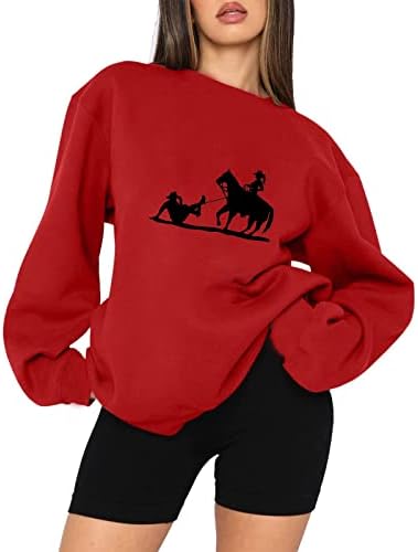 Modne žene vrhne zapadni kaubojski stil Preveliki grafički trenir za Valentinovo Konj labave pulover majice