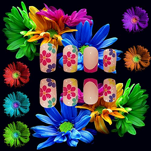 24pcs šareni tisak na noktima četvrtasti kratki lažni nokti Francuski vrh lažni nokti s cvjetnim dizajnom proljetno ljepilo na noktima