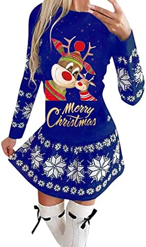 Xmas_Dress Donje svakodnevno božićna haljina s okruglog izreza i nabora na krilo i dugi rukav slatka los i снежинкой