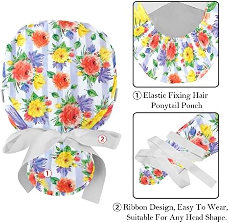 Cvjetni cvjetovi Bouffant šešir s vrpcama i gumbima 2 paketi za piling kape za žene dugu kosu jedna veličina radna glava