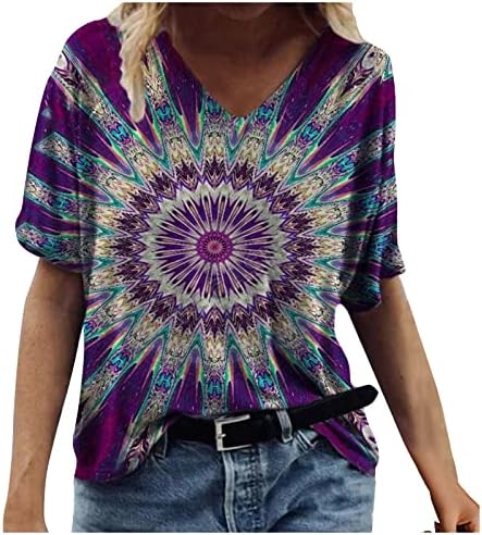 Ladies Summer Fall Top 2023 Odjeća kratkih rukava posada V vrat pamuk Pamuk grafička ležerna bluza za tinejdžere