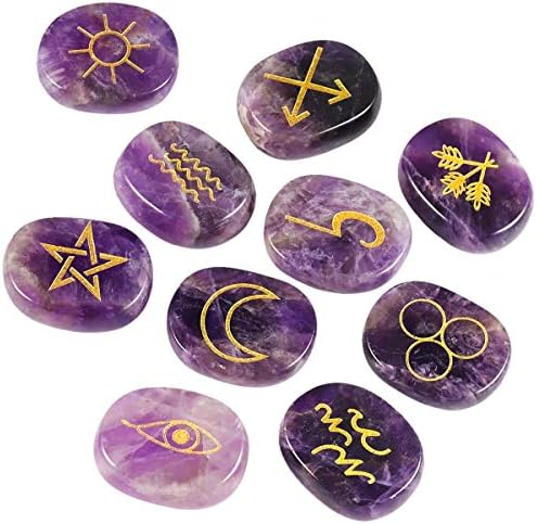 SUNYIK Natural Ugravirane rune Kamen Set od 10, Ciganski simboli zacjeljivanje kristala Reiki džepni kamenki za palminu kamenčinu za