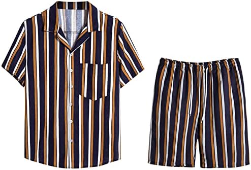 Muške pruge Košulja s 2 komada odjeće Havajske košulje i kratke hlače kratkih rukava, Muškarci gumb dolje set za spavanje