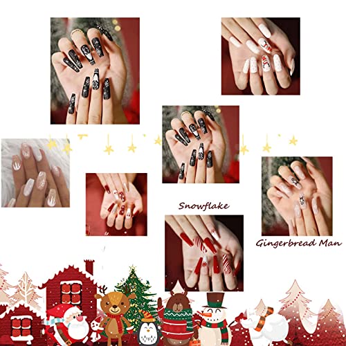 Božićni tisak na noktima, dugi ovalni lažni nokti, mat ljepilo na noktima, okrugla Akrilna naljepnica s pahuljicama na noktima, Crveni