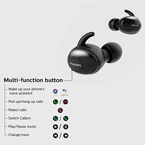 Philips Uprieat SHB2505 Bluetooth 5.0 Bežični uši uši, TWS stereo s do 3+9 sati igranja, slučaj za punjenje USB-Quick-Black