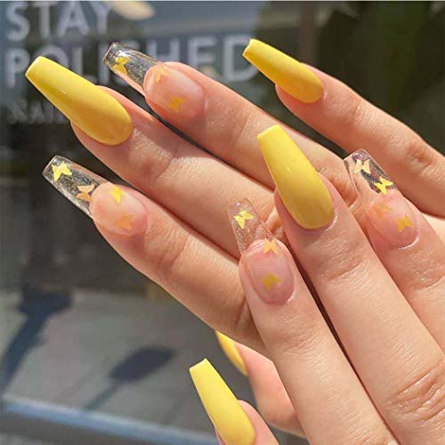 Sjajni produženi lažni nokti u obliku lijesa s leptirom na noktima u žutoj boji s potpunim pokrivanjem, prozirni lažni nokti za žene