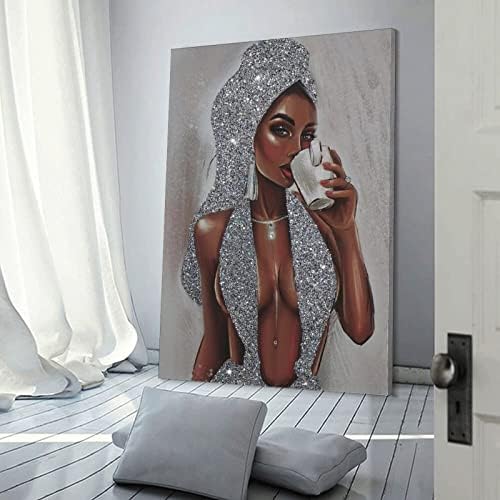 Afroamerička crna žena srebrna svjetlucava teksturirana platna platna platna platno platno zidne umjetničke otiske za zidni dekor dekor