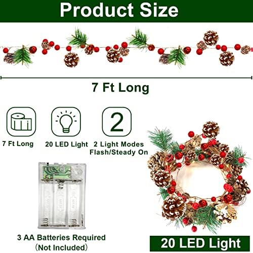 [Timer] 7 ft Valentinovo Dan Pinecone String Lights Dekor 20 LED vijenac, lagana baterija s crvenim bobicama borova igle zvono božićni