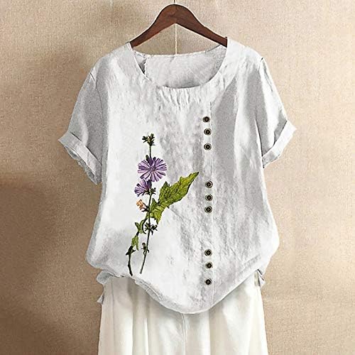 Preveliki laneni vrhovi za žene, majica s cvjetnim printom s gumbima, majice s okruglim vratom i kratkim rukavima, široke ljetne bluze