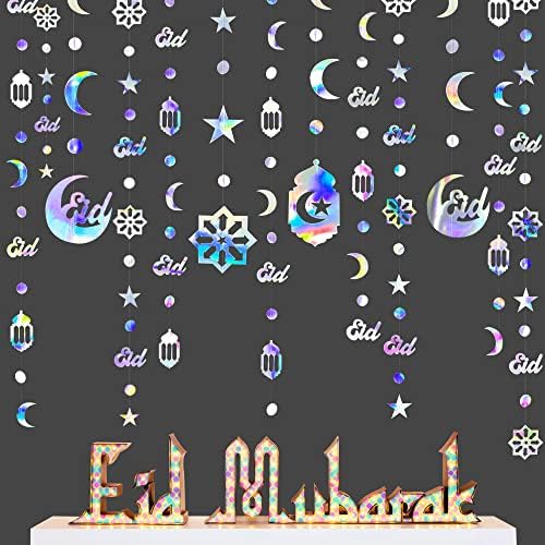 Iridescentni ramazan ukras Eid Mubarak zvijezda Mjesec krug točke arapske polumjesečne fenjer Viseći kopneni streamer pozadina za islam