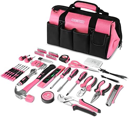 Dekopro ružičasti set alata, ružičasti alatni komplet od 180 komada za žene, komplet alata za popravak kuće s širokim ustima, torba
