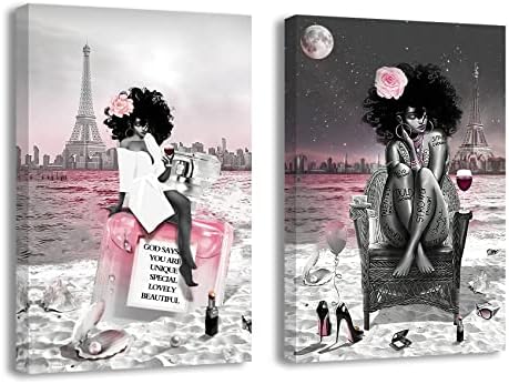 Afroamerički američka crna djevojka zidna umjetnost Moda ružičasta i siva plaža Eiffel Tower Slike platnene slike plakati Printins