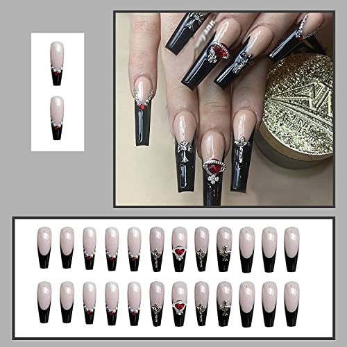 Lažni nokti u obliku lijesa s punk dizajnom crna jakna akrilni nokti balerine ljepilo za nokte visokog sjaja 24 kom lažni nokti od