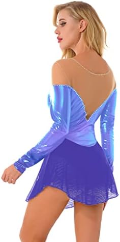 Xunzoo ženska čista mrežasta patchwork hinestone figura ledena haljina Shiny Metallic Dugi rukavi lirički plesni leotard
