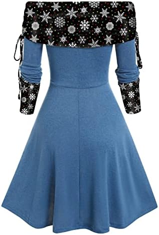 Božićna haljina za žene vintage 1950 -ih retro patchwork s dugim rukavima Swing haljina Xmas Snowflake Graphic Party haljine