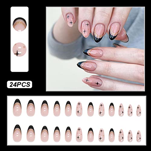 24 kom bademova preša za nokte Srednja gola ružičasta lažni nokti Francuski crni savjeti lažni nokti s ljepilom zlatne linije dizajna