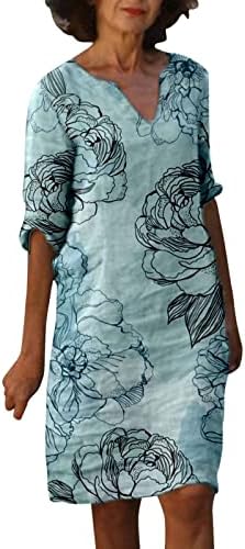 ICODOD haljina Ženska 2023. Ljetna casual retro cvjećarski print v vrat pamuk srednje dužine haljine za žene kratke dužine za žene