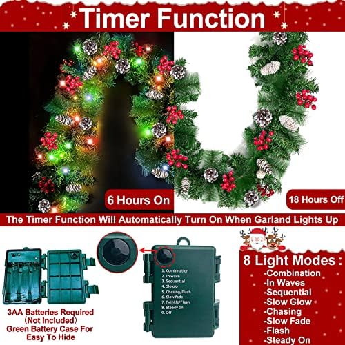 [2 pakiranje+8 modusa] 9ft 100 LED prelitni božićni ukrasi od vijenca s šarenim svjetlima, timer baterija napajana debljine 300 grana
