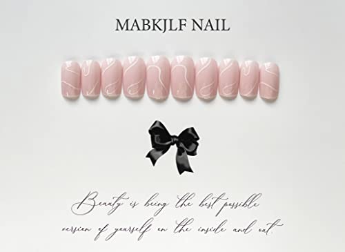 Lažni nokti u obliku lijesa srednje veličine s potpunim pokrivanjem, goli ružičasti lažni nokti s bijelim uzorkom uvijanja, sjajni