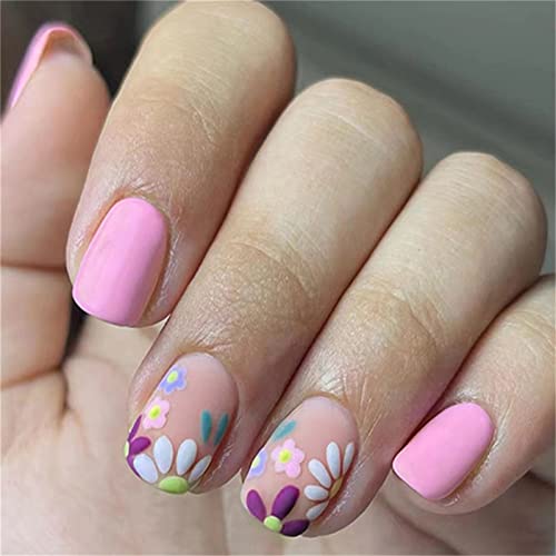 24pcs šareni cvjetovi ružičasti lažni nokat puni poklopac kvadratni kratki tisak na noktima s ljepilom za žene i djevojke Nail Art