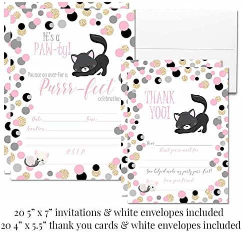 Deluxe Polka Dot Kitty Cat Rođendanska zabava uključuje 20 poziva i zahvale karticama s omotnicama + 2 različite veličine naljepnica,