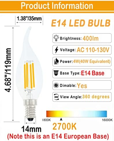 LED svjetiljka od 914 Europska baza 4 vata LED svjetla za lustere s mogućnošću zatamnjivanja, ekvivalent od 40 vata, LED svjetla za