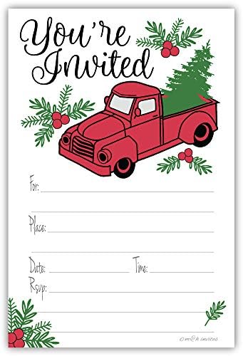 Pozivnice za božićne zabave - Vintage Red kamion sa stablom - Set od 20 poziva za praznike s omotnicama