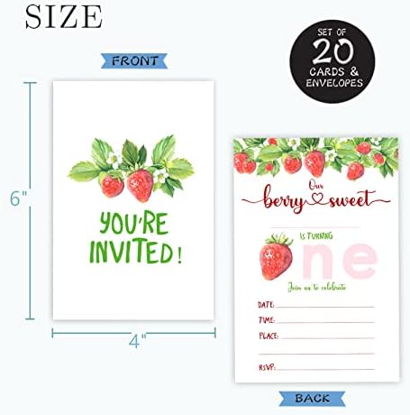 Qofo Sweet Strawberry prvi rođendan pozivnice od 20 s 20 s omotnicama, karticama za pozivnice za rođendan, ukrasi za rođendanske zabave