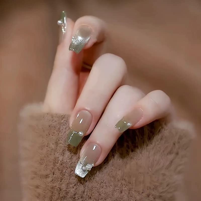 Cvjetni print na noktima dugi kvadratni lažni nokti sjajni zeleni lažni nokti s cvjetnim privjescima i biserima sjajni golišavi zeleni