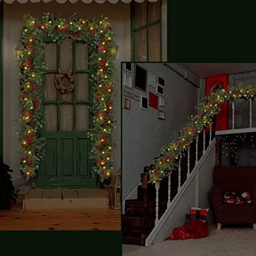 6,6ft Rustikalni božićni vijenac, vanjski vijenac s borovim iglama borovim konusima, crvene bobice i zahrđala zvona za kućni kamin