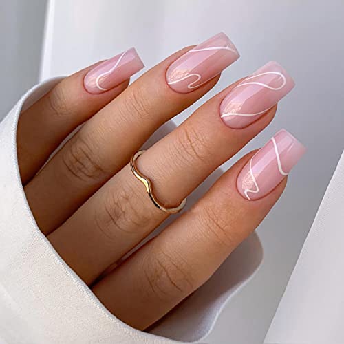 Srednji pritisak na nokte kvadratni lažni nokti s ljepilom za nokte goli ružičasti lažni nokti s linearnim dizajnom puni premaz zalijepljen