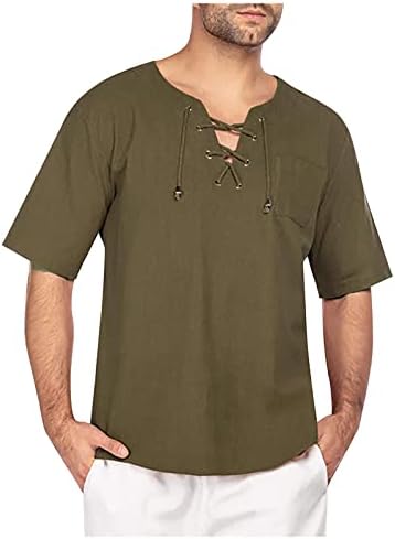 Ymosrh muške majice od pamučnih lanenih košulja čipka up casual plaža hipi majica kratka rukava v vrat joga vrhovi majica